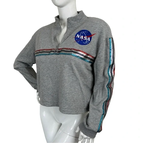 NASA metallic stripes embroidery logo cropped grey pull over light sweater XL - Picture 9 of 14